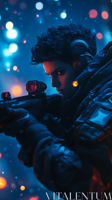 Focused futuristic sniper steadies aim in neon city glow