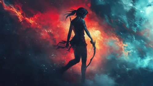 Warrior archer strides through fiery and icy storm clouds.