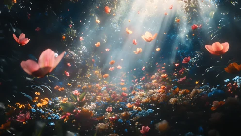 Luminous Garden: Ethereal Floral Particles in Divine Light.