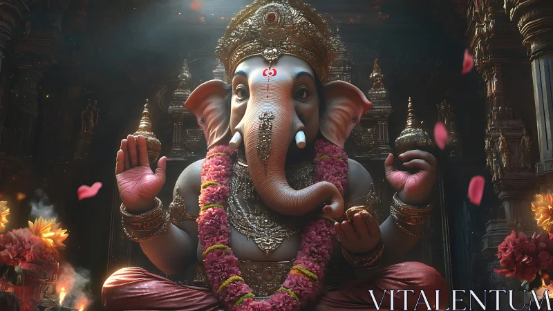 Photorealistic Ganesha idol in ornate temple sanctuary lighting.