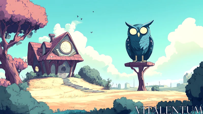 Owl statue overlooking small cottage in bright landscape.