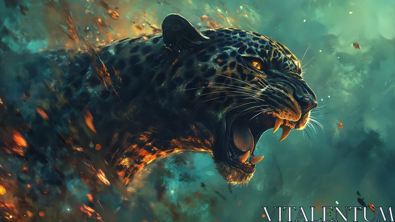 Black jaguar with luminous fire effect and gold eye detail.