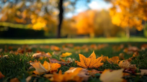 Shallow‑focus autumn maple leaves on grass with soft bokeh field