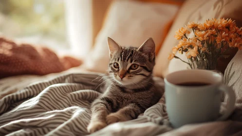 Tabby cat positioned on striped bedding with mug.