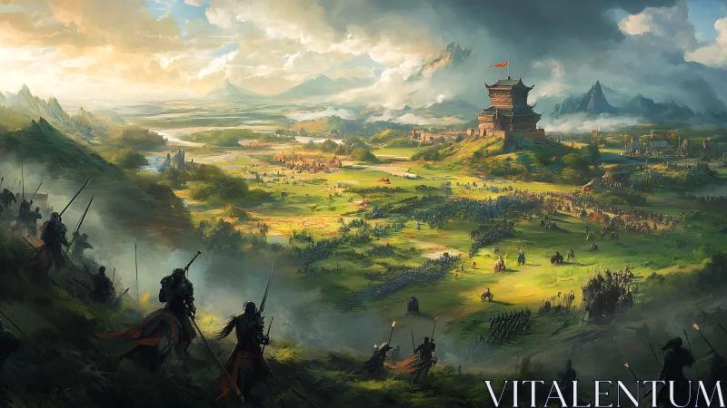 Medieval armies converge on fortified hilltop stronghold.