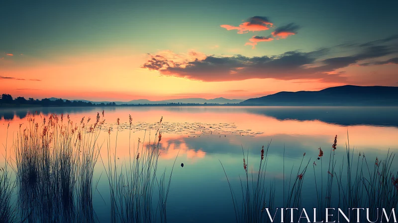 Gentle lakeside sunrise casting calm reflections over water.