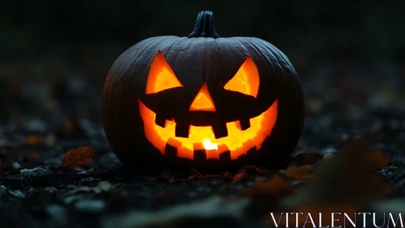 Grinning jack o lantern glows warmly on a dark autumn night