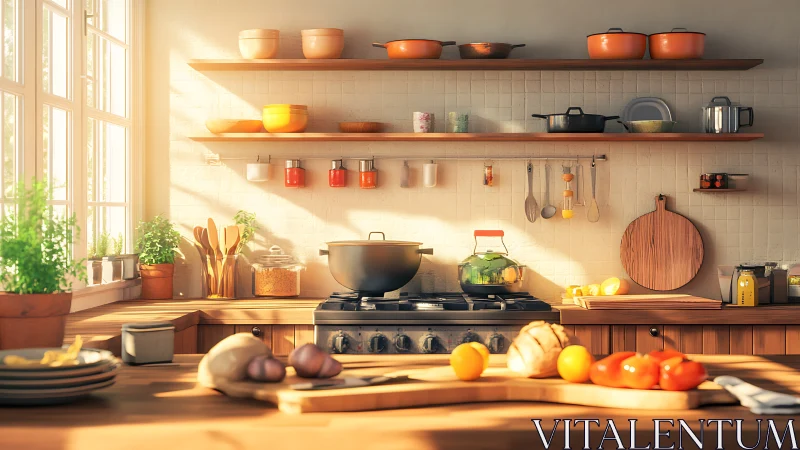 Sunlit rustic kitchen showcases warm wooden counters and cookware