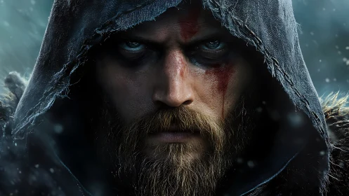 Storm-eyed warrior in a tattered hood stares down fate.