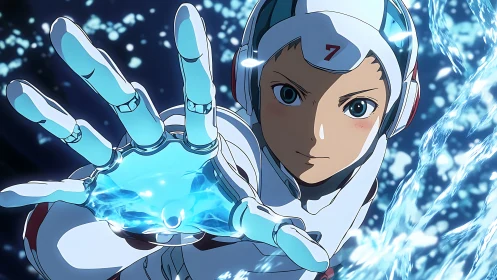 Cyborg pilot channels blue energy blast in deep space