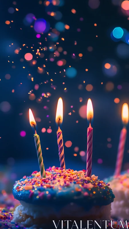 Lit Birthday Candles on Frosted Cake Against Bokeh Particle Background