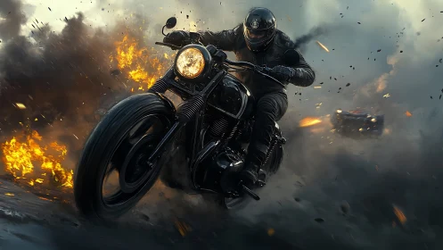 Roaring motorcycle rider cuts through smoke, fire, and flying debris