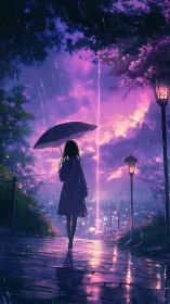 Umbrella-shadowed girl greets a neon lightning twilight