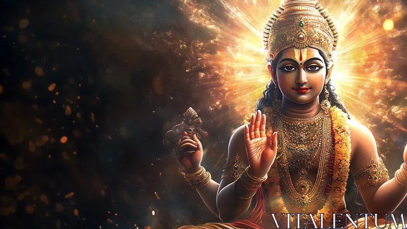 Hindu deity figure with radiating golden light and ornaments.