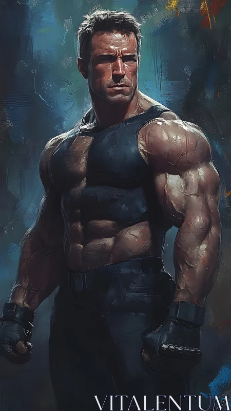 Muscular male figure in tactical attire against dark backdrop.