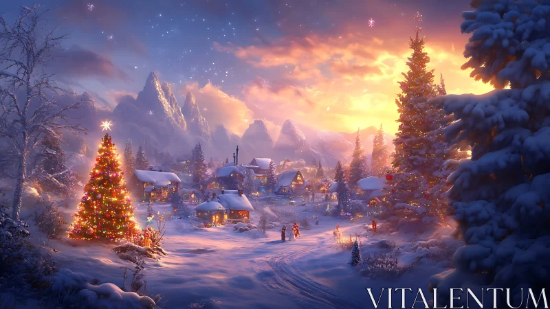 Snow-laden alpine village at dusk with illuminated Christmas trees