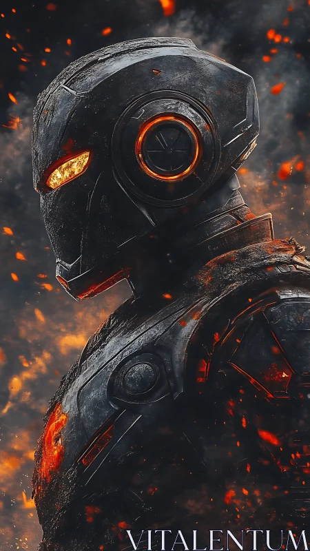 Battle-scarred molten mech rises through swirling embers and ash