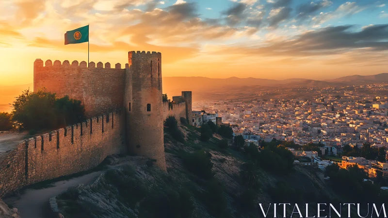 Stone fortification overlooks dense cityscape at sunset