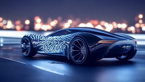 Futuristic LED-studded concept car on glowing night boulevard.