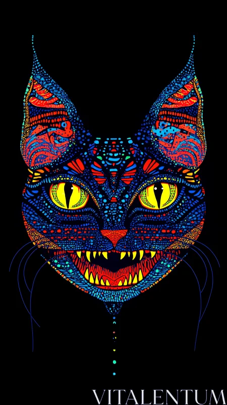 Neon fractal feline mask in symmetrical digital painting construction.