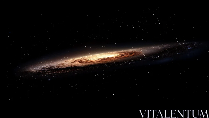 Edge-on spiral galaxy with bright central core in space.