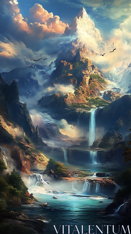 Towering mystical mountain rises over cascading waterfalls