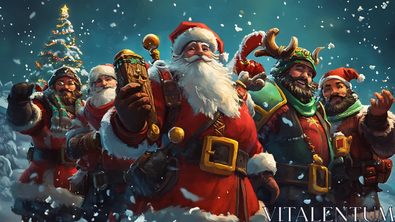 Jolly Santas March Through Snowy Nighttime Celebration.