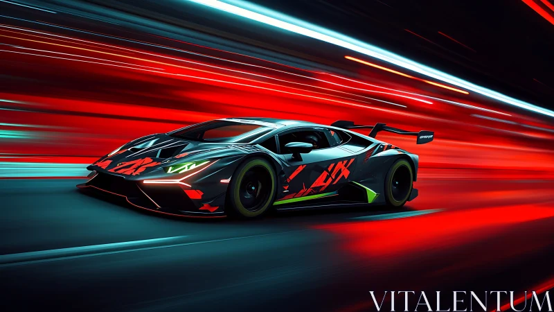 Aerodynamic GT race car on neon red motion-blur speedway