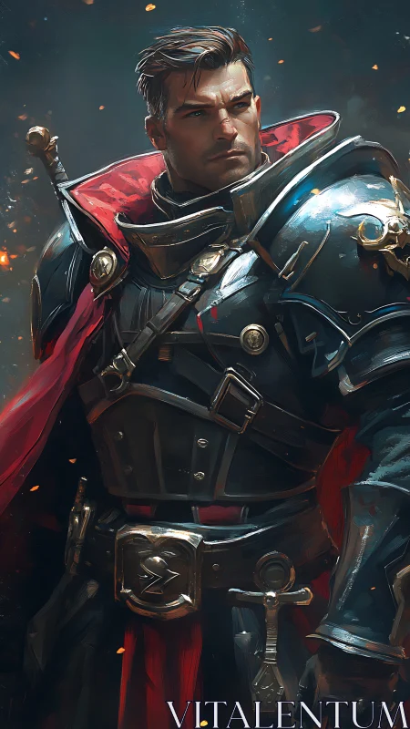 Armored paladin in red cloak rendered with dynamic brushwork