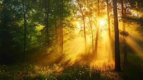 Golden sunrise in lush green forest with dramatic sunbeams.