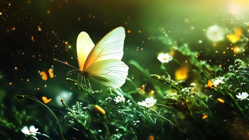 Backlit macro butterfly renders luminous wings in glowing meadow