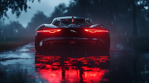 Rear rain-soaked hypercar with emissive taillight reflections.