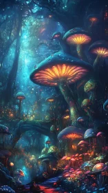 Luminescent fungal growths in dense nocturnal forest environment.