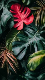 Red monstera leaf centered among layered tropical foliage