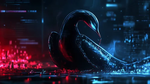 Graceful cyber swan glowing in neon blue and red light.