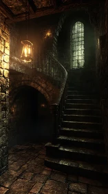 Gothic stone staircase with lantern light and tall window.