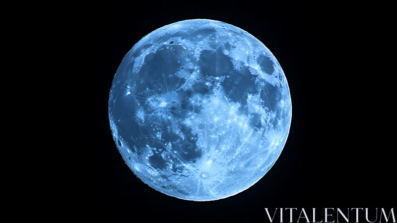 Lunar surface in blue monochrome against black background.