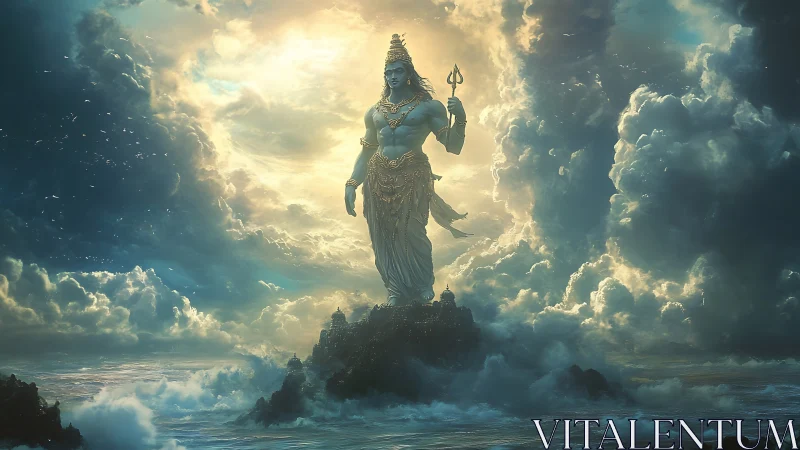 Colossal oceanic deity rendered in luminous storm clouds.