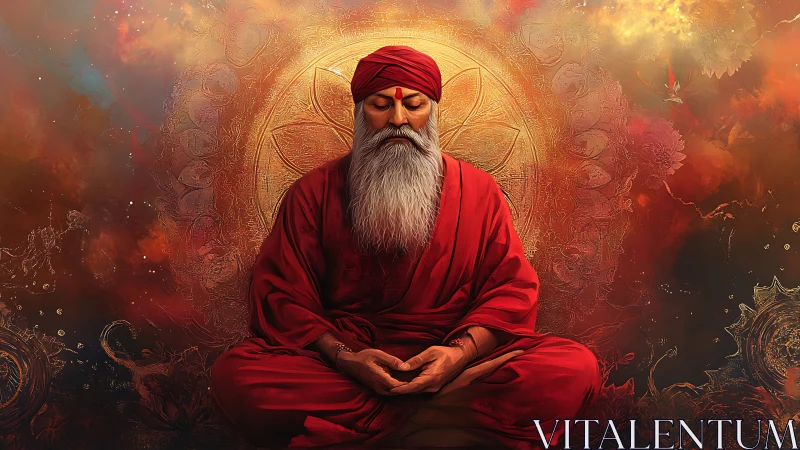 Elderly man meditating in red robes before ornate mandala.