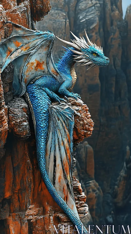 Blue-scaled dragon rests on stratified cliff ledge in profile