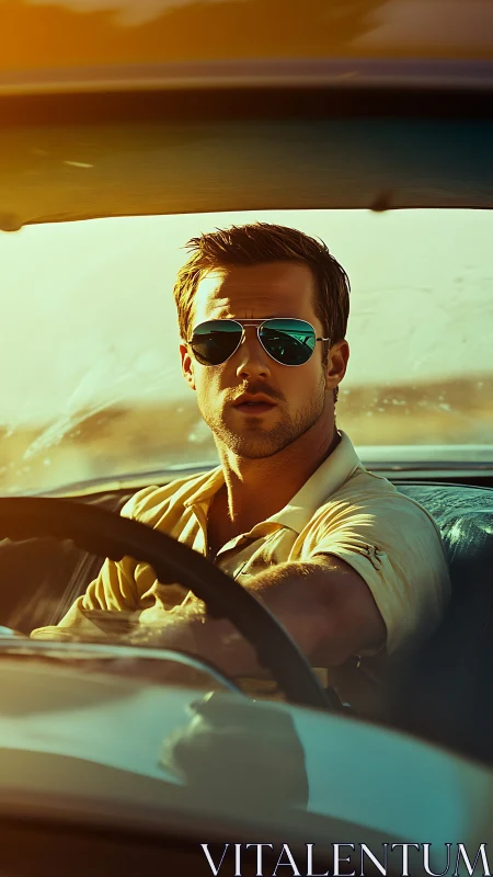 Sunlit driver steers a golden highway daydream homeward