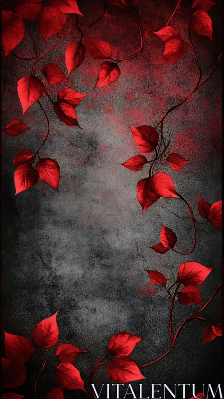 Crimson ivy curls across charcoal stone in dramatic hush.