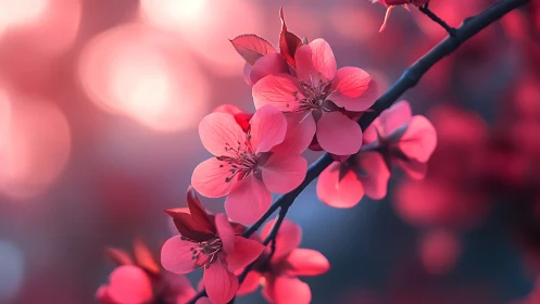 Blushing blossom branch in dreamy pink twilight glow.