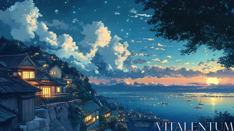 Hillside harbor village at sunset under bright starry sky.