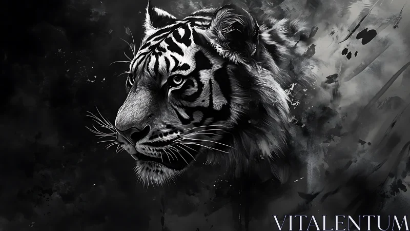 Monochrome tiger portrait emerging from smoky darkness.