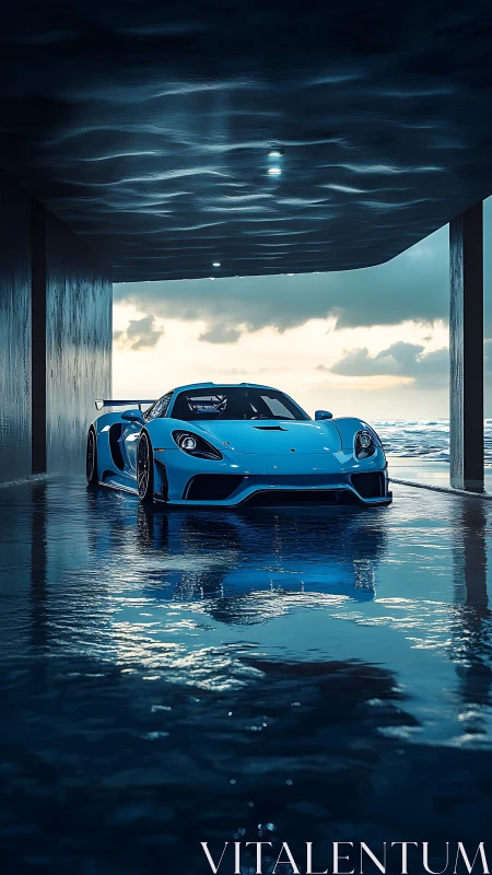 Blue sports car under coastal concrete canopy at dusk.