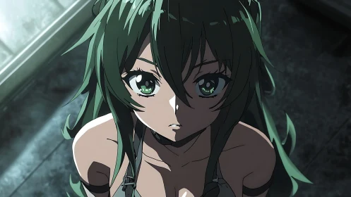 Overhead anime portrait with dramatic raking light and shadows.