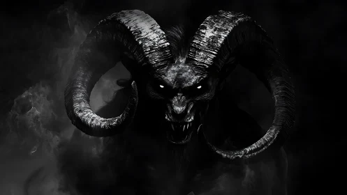 Midnight horned nightmare leans from smoke with burning eyes