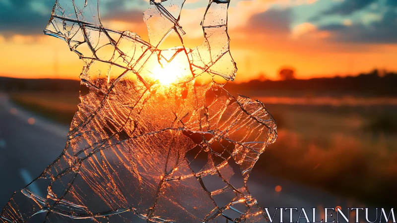 Broken glass closeup against vivid sunset over road.