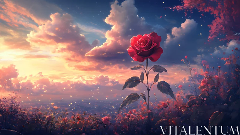Solitary crimson rose negotiates with a dreaming sky